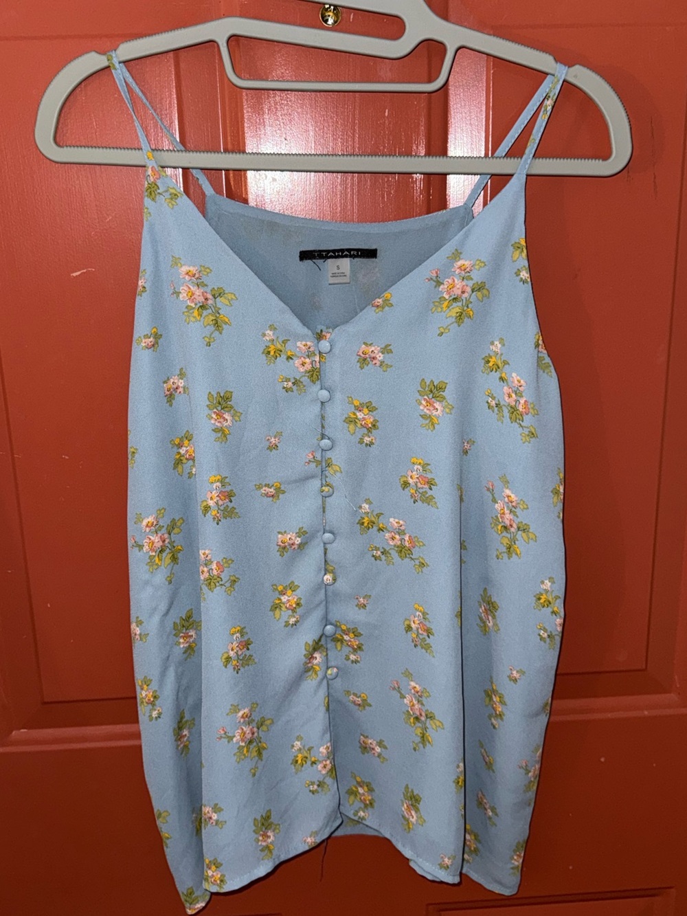 Tahari Blue Floral Button-Front Spaghetti Strap Camisole